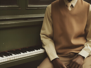 A black man playing the piano in a warm, harmonious scene. He wears an elegant beige suit, surrounded by earthy brown tones. A celebration of art, music, and creativity with timeless elegance.
