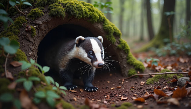Fototapeta European badger emerging from burrow in forest