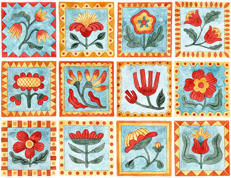 Seamless watercolor pattern in folk style. Set of square tiles. Bohemian print for your decor. Handmade.