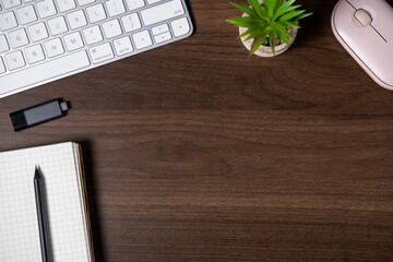 wooden desk with notebook, pen, USB drive, keyboard, mouse, and potted plant for workspace inspiration. top view