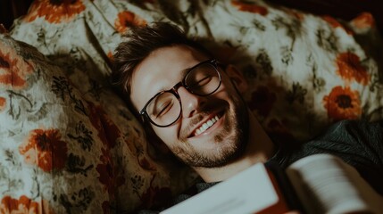 Joyful Young Man Reading in Bed with Floral Pillowcase in Relaxed Setting