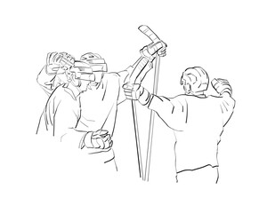 Hockey, ice hockey players celebrating goal, line drawing, isolated vector illustration