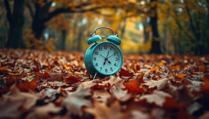 Teal alarm clock sits amidst autumn leaves. Seasonal change is evident in vibrant fall colors. Time stands still as autumn beauty surrounds. Daylight Saving Time prompts pause. Peaceful autumn scene.