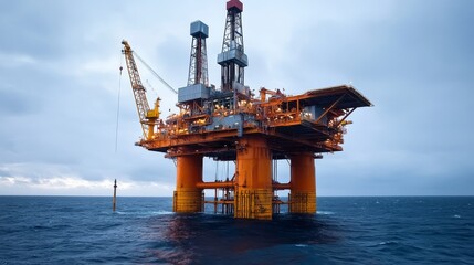 An offshore oil, gas, company, background rig stands tall in the ocean, showcasing industrial energy extraction.