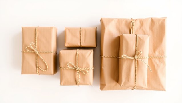 Wrapped gifts of varying sizes on white background