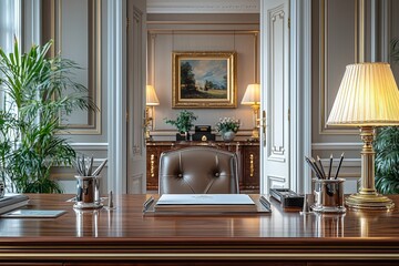 Elegant office interior with luxurious wooden desk and classic decor elements