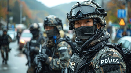 Naklejka premium A special police unit in black uniforms.