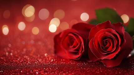 Two red roses on a sparkling red background, symbolizing love and romance.