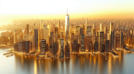 Fototapeta premium Golden New York City Skyline at Sunset with Glowing Lights and Iconic Landmarks