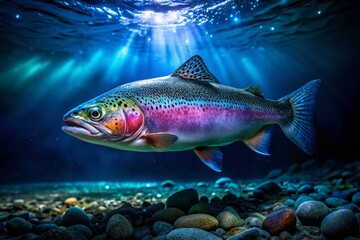 Naklejka premium Underwater Rainbow Trout Night Photography - Mystical Aquatic Scene