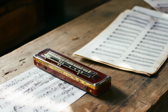 A vintage harmonica rests beside old sheet music on a wooden table, evoking nostalgia and musical history. - Powered by Adobe