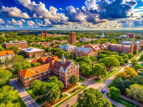 University of Florida Aerial Drone Shot, Gainesville Campus, Red Brick Buildings, Long Exposure Photography, Sunny Day, Puffy Clouds
