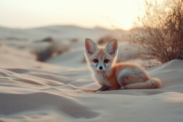 A young fennec fox sits gracefully in the desert, its large ears perked up under a setting sun, exuding a sense of youthful curiosity and natural beauty.