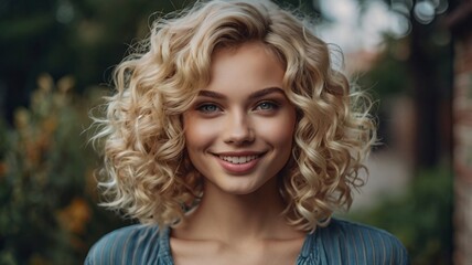 Naklejka premium Beautiful blonde model girl with short curly hair. Smiling woman hairstyle wavy curls