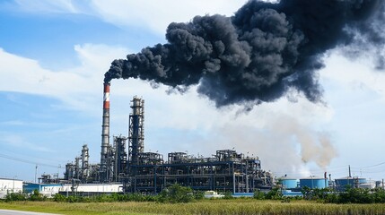 Industrial facility emits dark smoke against clear blue sky near rural landscape