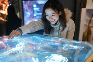Fototapeta premium Young Entrepreneur Analyzing Digital Marketing Technology in Futuristic E-commerce Environment Generative AI