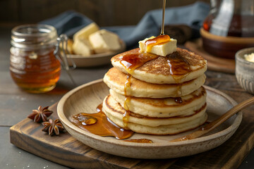 A stack of fluffy pancakes drizzled with syrup and topped with butter, served on a wooden plate, with a cozy kitchen backdrop.