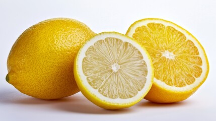 A whole lemon and a halved lemon showcasing its vibrant yellow color and juicy interior.