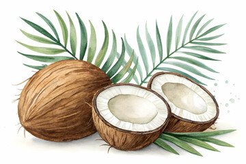 A watercolor illustration of coconuts with palm leaves, showcasing the textured brown shells and white flesh inside.