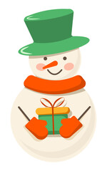 Christmas snowman with red scarf in green hat and mittens holds gift. Vector illustration.