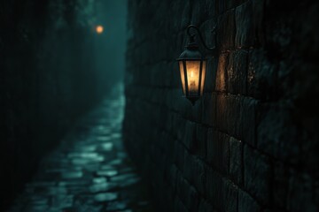 A lone street lamp casts a warm glow along a narrow, cobblestone alley, creating an atmosphere of mystery and quiet solitude.