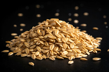 Obraz premium A close-up of a mound of golden oats scattered on a dark surface, highlighting their texture and color in a visually appealing manner.