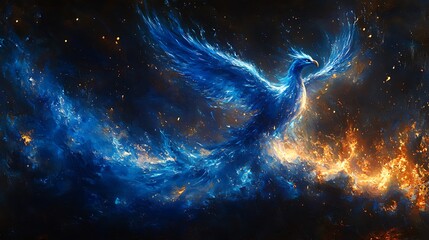 Obraz premium A majestic blue phoenix soars through a cosmic firestorm, its wings and tail ablaze with celestial energy.