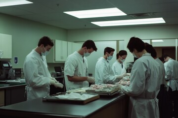 Fototapeta premium Medical students donning white lab coats and masks engage in a collaborative study session in a clinical laboratory, fostering knowledge and teamwork.