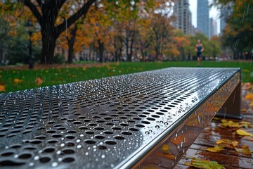 Rain-drenched park bench in autumn cityscape with jogger in focus