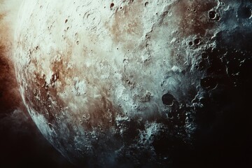 A celestial view of a textured moon surface, enveloped in cosmic mystery, capturing the awe-inspiring beauty of outer space.