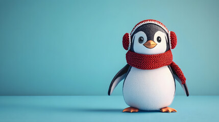 cute cartoon penguin wearing red scarf and earmuffs on blue background