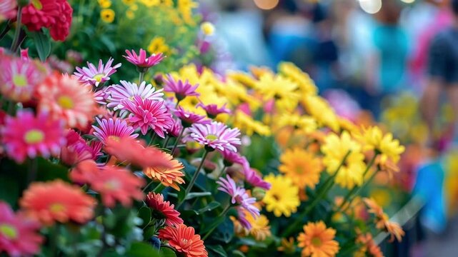 Blurry colors of vibrant blooms against a soft background of bustling spectators.