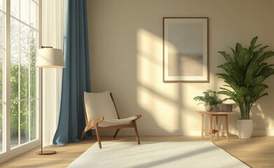 Modern living room featuring a sleek floor lamp and minimalistic decor in warm tones