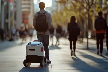 A sleek delivery robot navigates a busy city street with pedestrians and sunlight filtering through the trees, suggesting modern urban life.