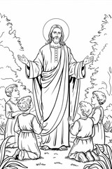 Fototapeta premium Virgin Mary, Jesus with Children at Garden. Coloring Pages Art