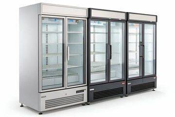 A row of commercial display refrigerators featuring glass doors, suitable for showcasing beverages or food items in retail environments.