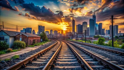 Fototapeta premium Urban Exploration: City Skyline Train Tracks - Industrial Photography