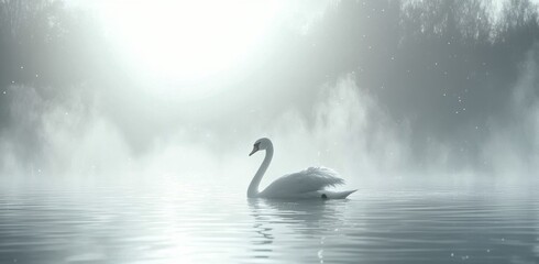 Fototapeta premium Tranquil swan gliding across misty lake during early morning light