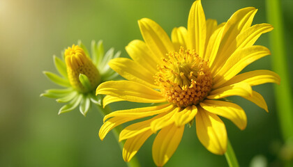 Obraz premium Yellow sunflower with bud in sunlight