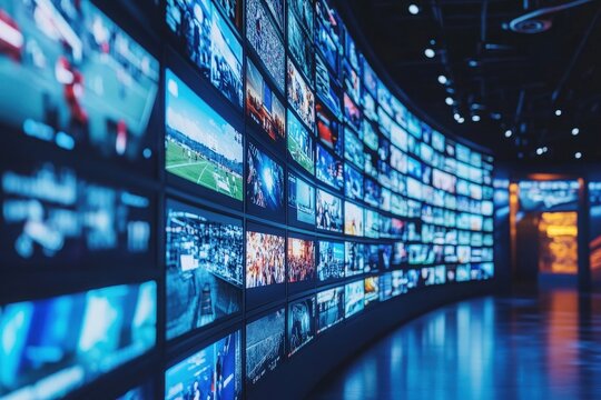 A curved wall filled with multiple screens displays live feeds from different events. The setting features modern lighting and technology, creating a dynamic atmosphere for viewers.
