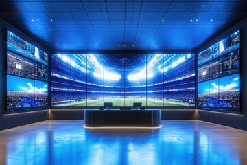 A high-tech sports control room contains multiple large screens showcasing a vibrant stadium filled with fans during a live match. The atmosphere is dynamic and engaging.