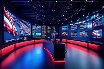 A modern betting area features numerous screens showcasing live sporting events and updated betting odds. The sleek design highlights a vibrant atmosphere for sports enthusiasts.