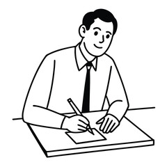 a black and white line drawing of a man sitting at a desk.