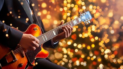 Fototapeta premium Holiday Guitarist - Festive music, winter celebration, skilled musician, electric guitar, holiday spirit.