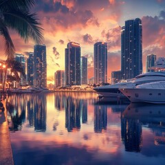 Fototapeta premium the skyline of miami during sunset with a marina 