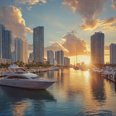 Obraz premium the skyline of miami during sunset with a marina 