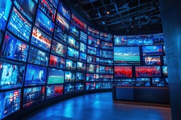 A modern media room features an array of large screens showcasing various sports events and news broadcasts. The room is illuminated with vibrant blue and red colors, creating an energetic atmosphere.