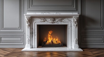 Fototapeta premium Elegant marble fireplace with a roaring fire in a stylish living room setting