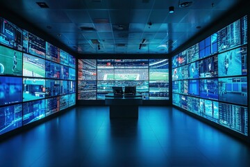 A sophisticated control room features an array of large screens showcasing live data, sports events, and analytics. The space is dimly lit, emphasizing the vibrant colors from the displays.