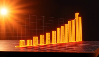 Financial chart shows increasing return on investment over time. Glowing orange bars rise upwards on dark background. Sunlight effect highlights growth trend. Business performance visualization.